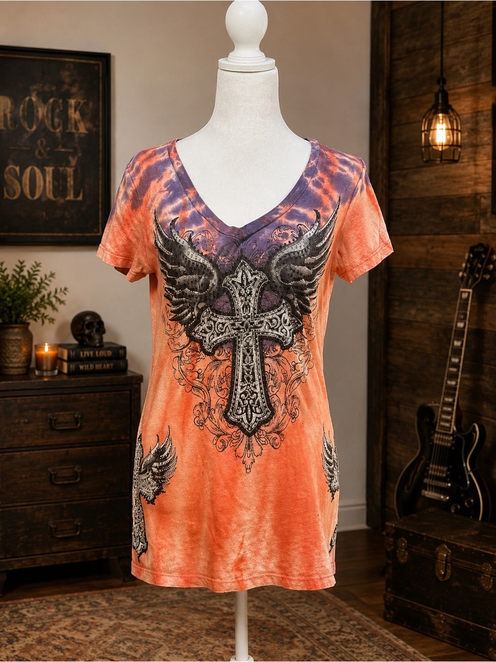 Vocal Orange and Purple Tie-Dye V-Neck Graphic Tee
